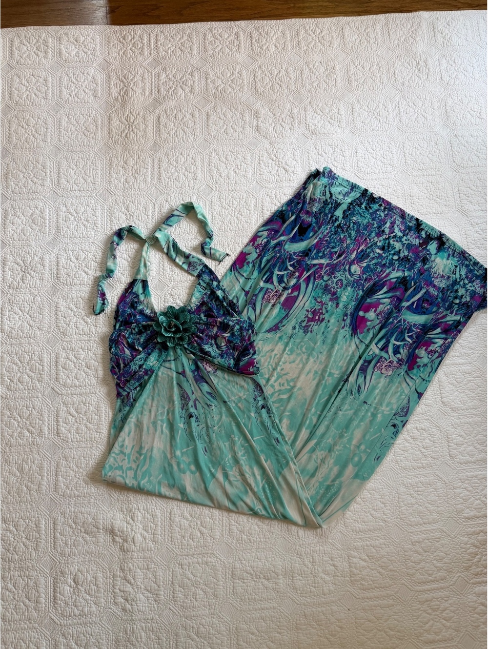 Y2K Turquoise and Purple Floral Halter Neck Maxi Dress